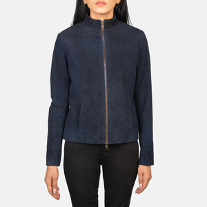 Women's Navy Blue <b>Suede</b> Moto <b>Jacket</b> Full Sleeve Stand Collar Zipper Closure Autumn Style Sample Service available - Product Image 6