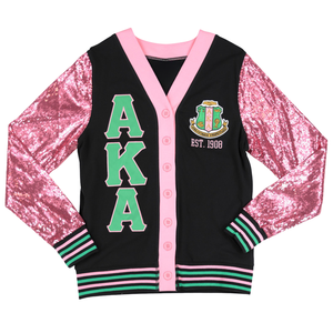 AKA <b>Sequin</b> Cardigan Black Pink Sorority Button Up Sweater Glitter Sleeve Fashion <b>Jacket</b> Women Stylish Trendy Outfit - Product Image 1