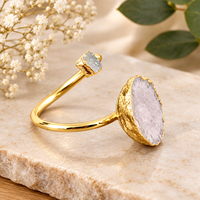 Bague ajustable en laiton plaqué or 18 carats, vente en gros, minimaliste, faite à la main, style bohème, avec géode grise naturelle et druse, bague tendance