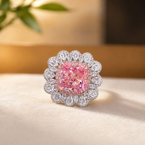 Pink <b>Cushion</b> Cut Gemstone Promise Ring Halo Plated White Gold Engagement Band <b>for</b> Women Moissanite Luxury Jewelry - Product Image 1