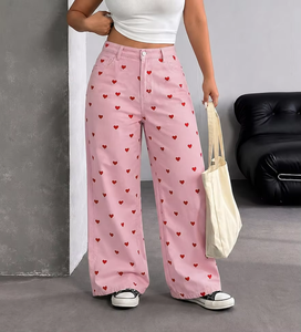 Jeans de Pierna Ancha con Estampado de Corazones para Mujer, Cintura Alta, Corte Holgado, Pantalones Casuales para Toda Temporada, Tela Elástica, Ropa de Verano a la Moda - Product Image 1