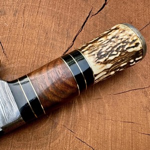 Hand Forged Damascus Steel Skinner Knife Stag Handle <b>Rat</b> Tail Tang Fixed Blade with Brass Bolster & Leather Sheath Custom OEM - Product Image 2