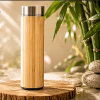 Termo Portátil Retro de Bambú Natural para Exteriores - Taza Térmica de Doble Acero Inoxidable con Aislamiento al Vacío, Diseño Personalizado, Apto para Lavavajillas