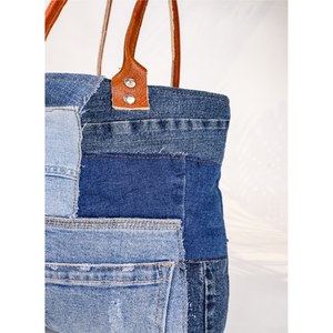 Sac fourre-tout en denim de coton épais cousu main, directement de l'usine, avec poignées en cuir, OEM ODM - Product Image 4