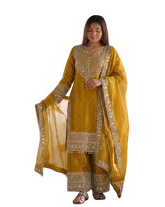 2024 Pakistani Fashioned Heavy Embroidery Chinon Silk <b>Naira</b> <b>Cut</b> Kurti 3-Piece <b>Dress</b> Collection with Plazzo Salwar for Women - Product Image 1
