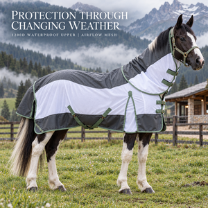 Couverture de pluie hybride détachable pour cheval 1200D avec dessus imperméable |   Couverture d'extérieur respirante en maille avec grande rabat de queue et sangles - Product Image 4