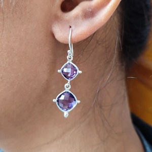 Amethyst 925 <b>Sterling</b> <b>Silver</b> <b>Dangle</b> Drop handmade <b>Earrings</b> with Cushion Shape Briolet - Product Image 6