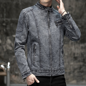 Veste en jean de coton pour homme avec fermeture éclair, design sportif brodé style motard, col rabattable, finition soignée - Product Image 6