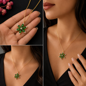 Collar con Colgante de Flor en Plata de Ley 925 Chapado en Oro con Cadena de Eslabones de Cuarzo Esmeralda CZ, Joyería Clásica para Uso Diario para Mujer - Product Image 5