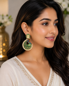Pendientes de Ónix Verde Claro con Forma de Pavo Real y Borde de Perlas, Directo de Fábrica |   Joyería india de latón chapada en oro - Product Image 4