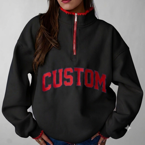 Sudadera Negra Personalizada con Bordado para Mujer, Cierre de Cremallera de un Cuarto, Letra Roja en el Frente, Tejida, Manga Larga, para Otoño - Product Image 1