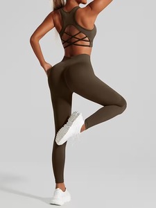 <b>Open</b> Lattice Back Sports <b>Bra</b> with High Rise Squat Proof Training Tights Set Womens 2 Pcs Seamless Fitness Yoga Suit Kit - Product Image 3