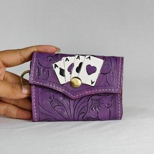 Vintage Genuine Leather <b>Card</b> Holder With <b>Embossed</b> Floral Pattern Snap Closure Single Strap Women's Daily Use - Product Image 3