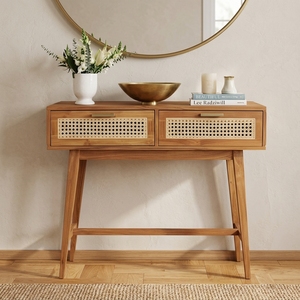Mesa Consola Moderna de Madera de Teca Sólida y Ratán, 2 Cajones, Acabado Natural, Ensamblaje Completo, Muebles para Sala de Estar, Dormitorio, Apartamento - Product Image 5