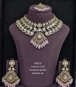 Premium Kundan Necklace and Earring Set 08131 Moissanite Stone Brass Jewelry Set for Wedding Engagement Party - Product Image 2