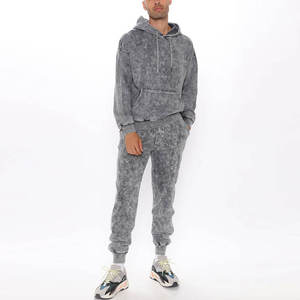 Men's Acid Wash Tracksuit Hoodie & <b>Joggers</b> Set Casual Loose Fit Full Sleeve Solid Gray Cotton Sweatshirt Outfit Autumn Wear - Product Image 1