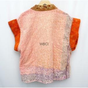 WOODEN BLOCK CRAFT INDIA Reversible Quilted Kantha Kimono Jacket Short Front Belt Closure Organic Cotton Eco-Friendly Women's - Product Image 6