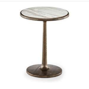 Table basse ronde de style mid-century moderne avec plateau en marbre blanc et base en bois doré Florentine, style côtier glamour et transitionnel - Product Image 1