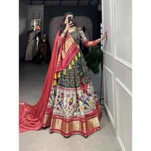 ATTRACTIVE TUSSAR <b>SILK</b> PRINT WORK LEHENGA <b>BLOUSE</b> WITH DUPATTA <b>GREEN</b> - Product Image 1