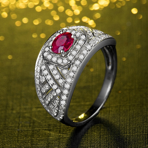 Women's 14K Solid <b>Gold</b> <b>Cocktail</b> <b>Ring</b> With Oval Ruby And Round Brilliant Cut Diamond Geometric Design Classic Style - Product Image 4