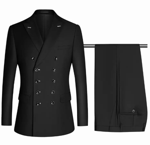 Costume de smoking pour homme en polyester bleu foncé respirant, coupe ajustée, double boutonnage avec revers et nœud papillon noirs, tenue de mariage formelle - Product Image 3