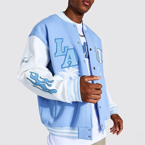 <b>Men's</b> Light <b>Blue</b> Varsity Jacket Front Embroidered LA MA Preppy Style Regular Fit Stand Collar Reversible Eco-Friendly Polyester - Product Image 5