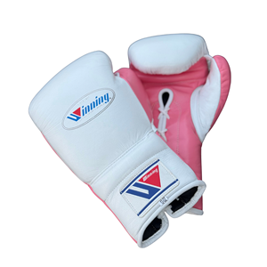Ensemble de gants de boxe Winning en cuir rose et blanc, 16oz et 14oz, à lacets, à doigts entiers, respirants, avec barre nasale, haute qualité, légers et anti-humidité - Product Image 3