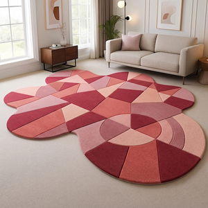 Pink Red Rectangle Geometric Wool <b>Rug</b> Eco Friendly Hand Tufted <b>Thick</b> <b>Pile</b> Modular Circle Faceted Block Pattern for Modern Living - Product Image 3