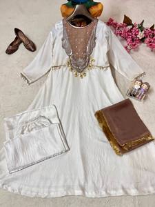 Women's White Cotton Salwar <b>Suit</b> With Brown Dupatta Traditional Floor-Length Ethnic Wear India Pakistan Style - Product Image 6