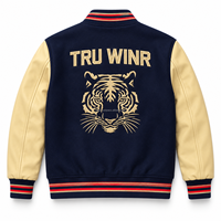 Veste universitaire personnalisée bleu marine avec manches en cuir crème, veste de baseball en laine avec logo brodé, vente en gros, OEM