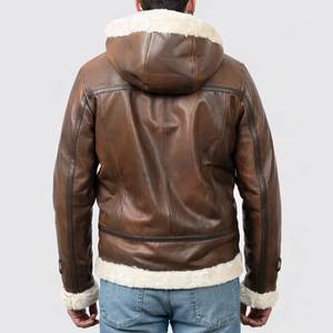 Chaqueta de Cuero Tipo Bomber B-3 con Capucha para Hombre Theodore, Color Marrón, con Forro de Piel Sintética - Chaqueta de Cuero Marrón con Capucha - Product Image 3