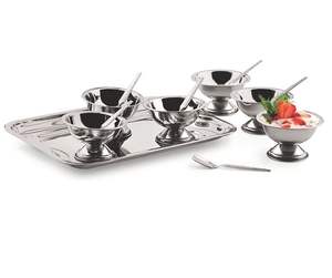 ชุดถ้วยขนมหวานสแตนเลสพร้อมถาดและช้อนเหมาะสำหรับไอศกรีมและพุดดิ้ง - Product Image 3