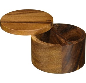 Acacia Wood Salt Box Condiment <b>Storage</b> Keeper, Round Salt Pepper or <b>Spice</b> <b>Storage</b> Box Cellar Sugar Pepper Pantry Items - Product Image 1