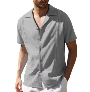 Chemise en lin décontractée pour homme, style cubain, couleur unie, manches courtes, chemise de plage, vêtements d'été - Product Image 4