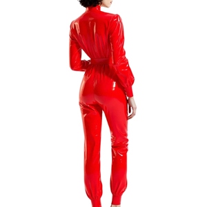 Women's Blue PU Coated High Waist Overall <b>Jumpsuit</b> Sleeveless Full Length Waterproof Clubwear Sexy Style - Product Image 2