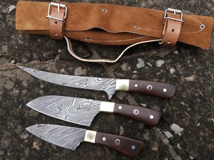 <strong>Custom</strong> Handmade <strong>Damascus</strong> Steel <strong>Chef</strong> <strong>Knife</strong> Set Hunting Knifes Butcher <strong>Knife</strong> Set with Leather Safety Bag - Product Image 2