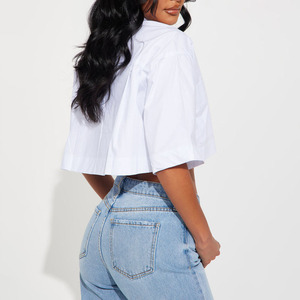 Chemise courte blanche de haute qualité pour femmes, boutonnée, à manches courtes, en popeline unie, décontractée, coupe classique, chemises printemps-été - Product Image 2