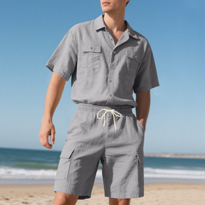 Ensemble chemise décontractée en coton gris pour homme, manches courtes, boutonnée, avec short cargo, tenue d'été respirante en tissu tissé - Product Image 1