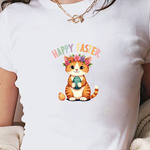 เสื้อยืดสั้นแฟชั่นผู้หญิงลายแมวแฮปปี้อีสเตอร์ - Product Image 1