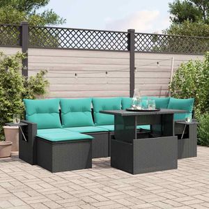 Set di divani da giardino in polyrattan nero da 7 pezzi con cuscini, mobili da giardino - Product Image 1