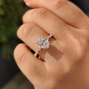 Impresionante Anillo de Compromiso Ovalado con Pavé, Banda con Pavé, Diamante Cultivado en Laboratorio, Oro Blanco de 14K, Joyería para Mujer, Aniversario, Boda, Fiesta - Product Image 5