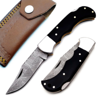 Couteau de poche pliable artisanal en acier Damas, manche en bois, couteau de chasse et de camping, système de verrouillage Black Horn, étui en cuir, MORTAL SAGA