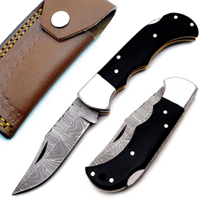 Handmade Damascus Steel Foldable Pocket Knife Black Horn <b>Back</b> Lock Leather Sheath Wood Handle Hunting Camping MORTAL SAGA - Product Image 2