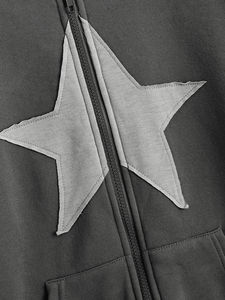 Sudadera con capucha negra personalizada con cremallera completa para hombre y mujer, estilo oversize con apliques de estrellas, de forro polar grueso, estilo casual urbano - Product Image 6