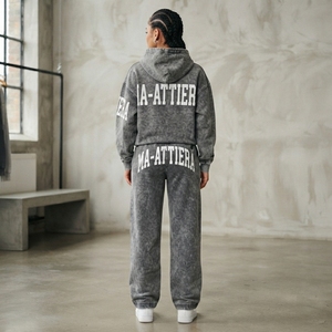 Conjunto de Sudadera Oversize Gris Lavado Personalizado y Pantalones Anchos de Felpa para Mujer, Chándal de Algodón Estilo Urbano OEM ODM - Product Image 2