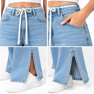Vaqueros de mujer de talle alto azul claro con pierna ancha, cordón ajustable, corte holgado, dobladillo dividido, casual, talla grande, largo completo - Product Image 4