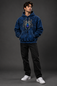 Sudadera con Capucha Azul para Hombre, Lavado Ácido, con Gráfico de Araña Personalizado, de Forro Polar, Estilo Oversize, Moda Urbana Casual, Venta al por Mayor OEM - Product Image 6