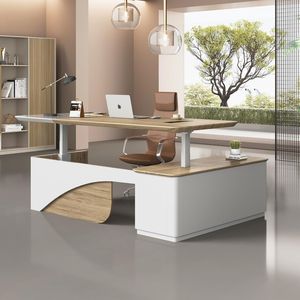 Scrivania direzionale a forma di L da 86 pollici, regolabile in altezza, con cassetti, ripiani e divisorio per la privacy, noce chiaro - Product Image 2