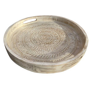 Hand Carved Mango <b>Wood</b> Round <b>Tray</b> <b>White</b> Wash Finish with Handles Hot Selling Decorative Serving <b>Tray</b> for Hotel & Restaurant Use - Product Image 5
