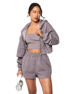 Custom Plus Size Casual Hooded <b>Zip</b>-Up Acid Wash Solid Cropped Fleece Lining Hoodie <b>Shorts</b> Set Eco-Friendly Women's Two-Piece - Product Image 5